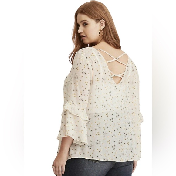 Torrid Floral Sheer Chiffon Bell Sleeve Cross Back Strap Blouse - Picture 2 of 6
